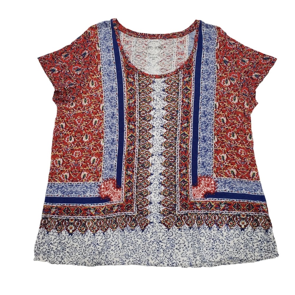 Lucky Brand Scarf Print T-Shirt Linen Blend Cap Sleeve Boho Peasant Plus Size 2X
